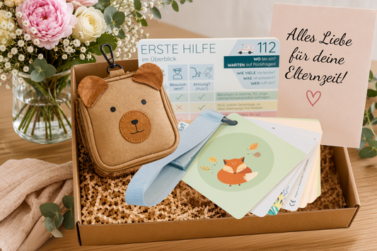 Geschenk für eine Kollegin im Mutterschutz oder in Elternzeit mit littlebag, Buggyplan und Erste-Hilfe-Karten von littleplan