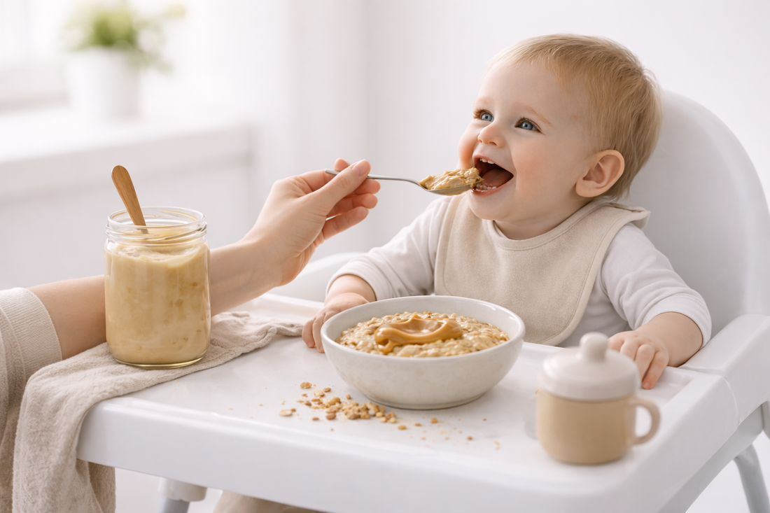 Baby isst Brei mit Nussmus – sichere Beikost ohne ganze Nüsse