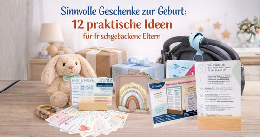 Sinnvolle Geschenke zur Geburt mit Erste Hilfe Karten, Beikostkarten und Buggyplan für Eltern