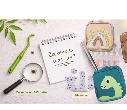 Zeckenbiss bei Kindern: Zeckenhaken, Pinzette, NaCl-Ampullen (Kochsalzlösung) und Pflasterset in der littleplan Erste-Hilfe-Tasche