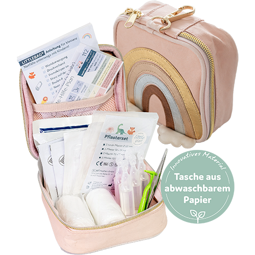 littlebag Erste-Hilfe-Tasche für Kinder im Regenbogen-Design in Rosa, geöffnet mit Anleitung, Pflasterset, Kompressen, NaCl-Ampullen und Zeckenhaken