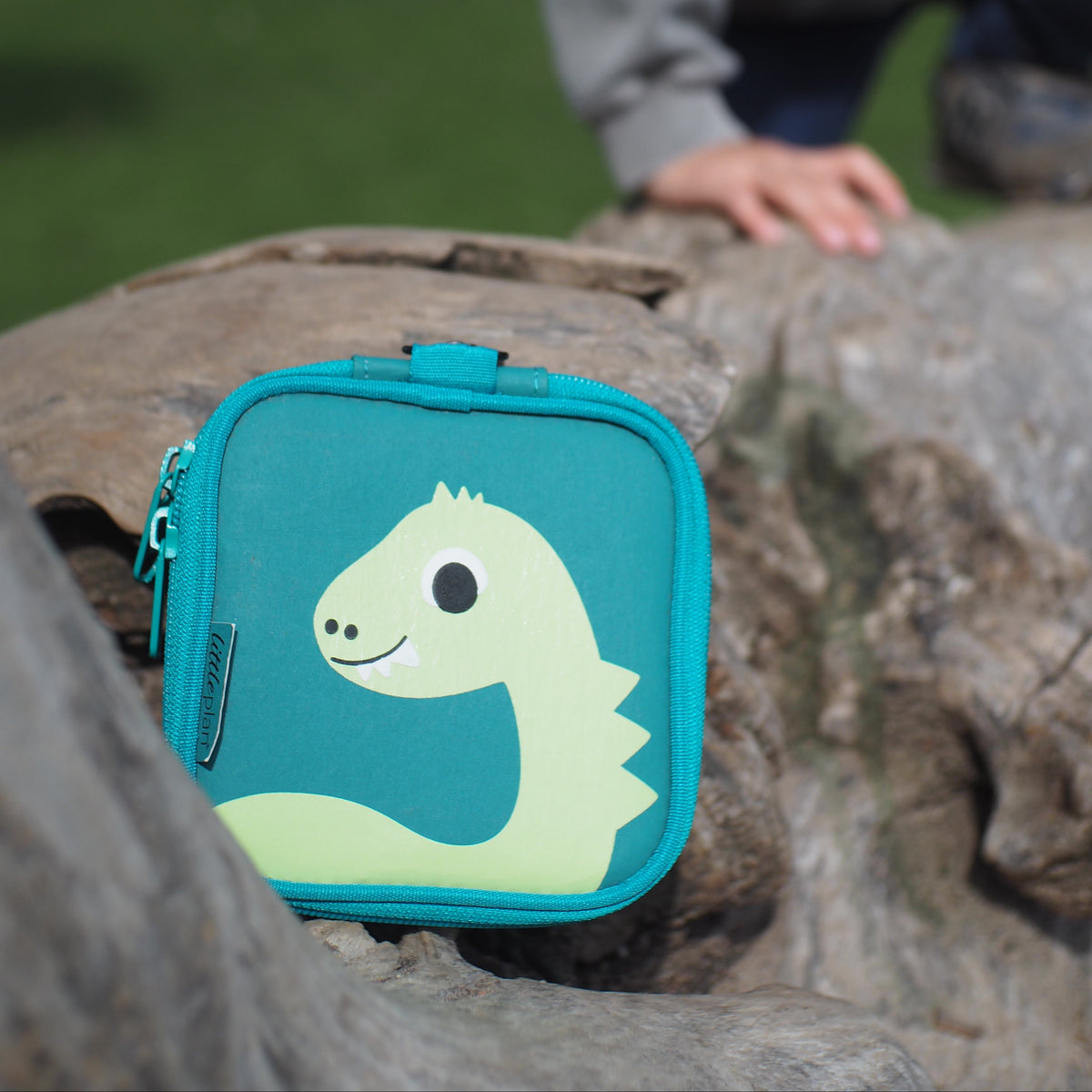 littlebag Erste-Hilfe-Tasche im Dino-Design auf einem Baumstamm beim Ausflug in die Natur